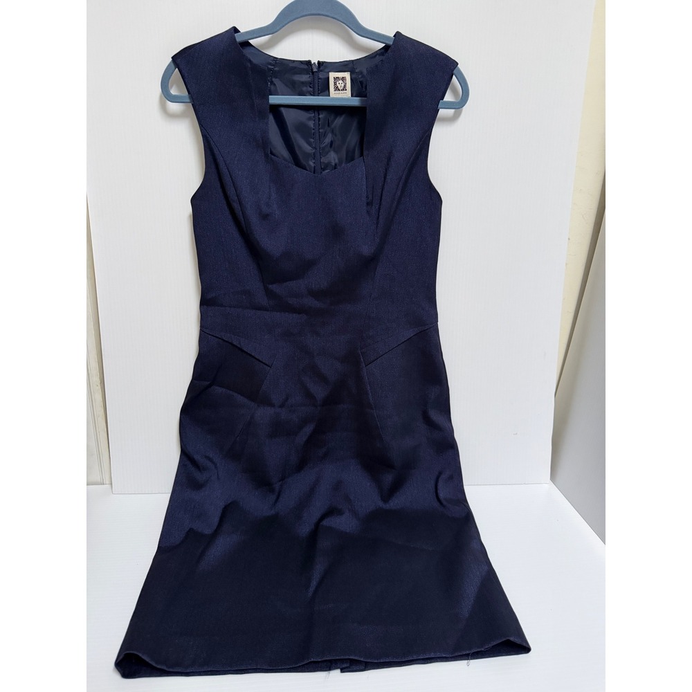 Anne Klein Navy Blue Herringbone Sleeveless Sheath Dress Square Neck Pockets 8